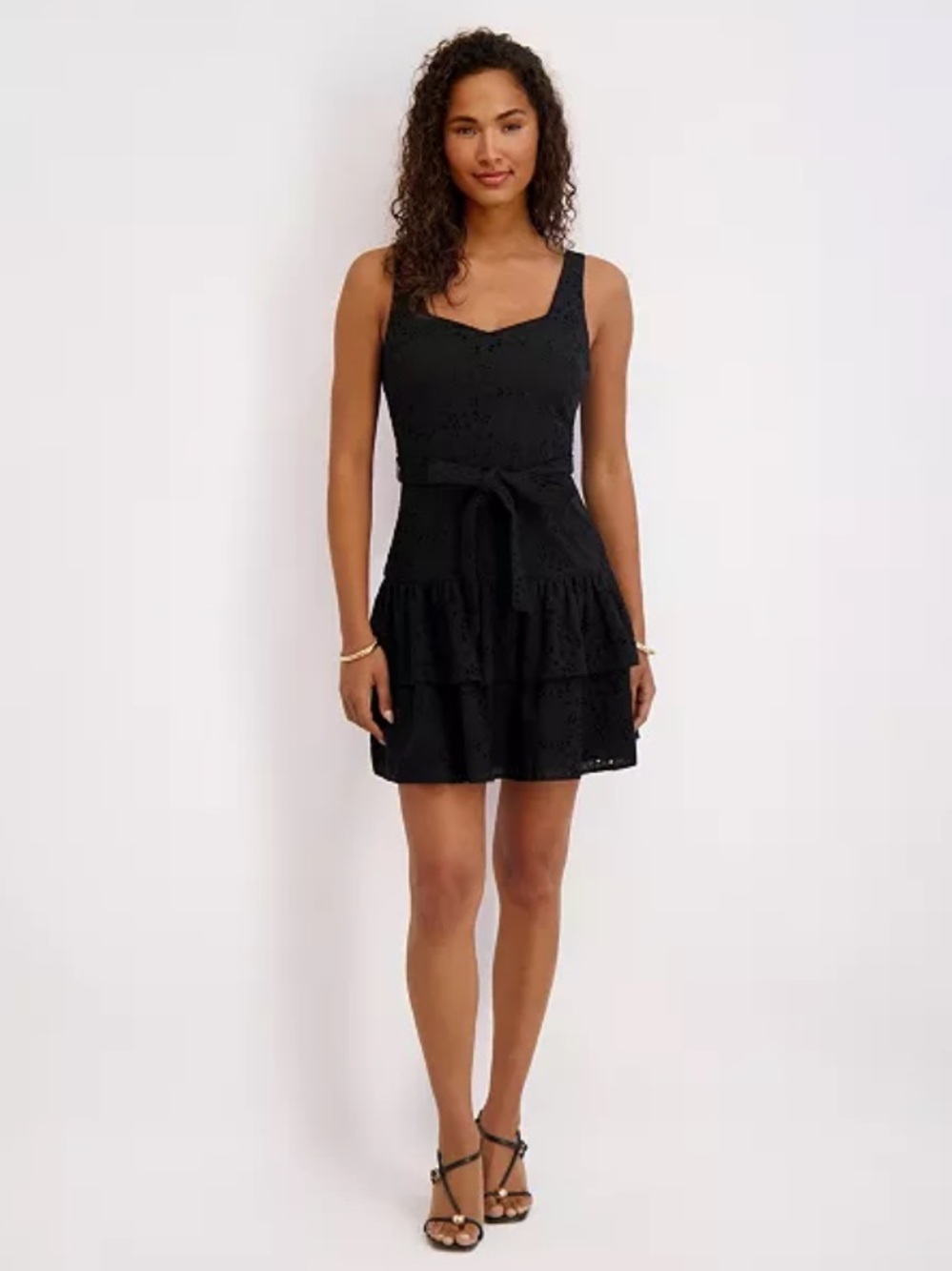 Kensie Black Sleeveless Eyelet Tie-Waist Mini Dress